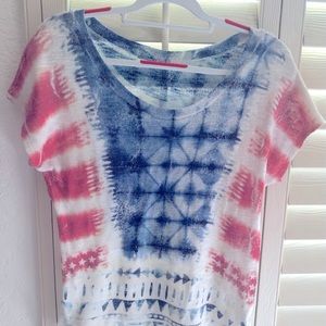 Red white and blue tie-dyed T-shirt.